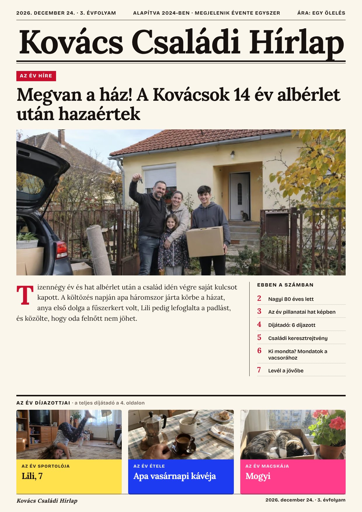 A Kovács Családi Hírlap címlapja: a vezető hír, az év sportolója, keresztrejtvény és kvíz